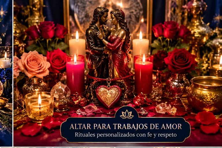 Ilustración de altar de amor y relaciones con velas y elementos decorativos