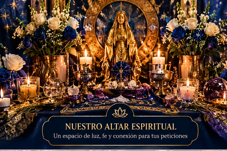 Ilustración de altar espiritual con velas y elementos decorativos